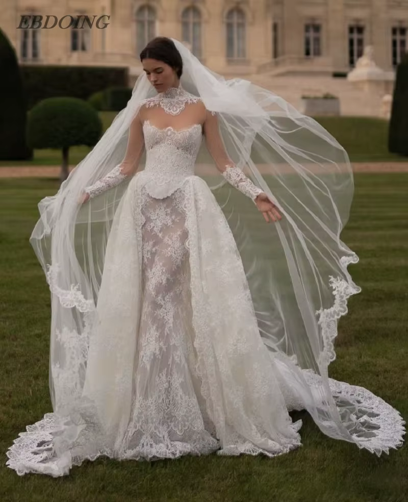 EBDOING robe de mariée sirène dentelle 2 en 1 col rond manches longues robe de mariée personnalisée