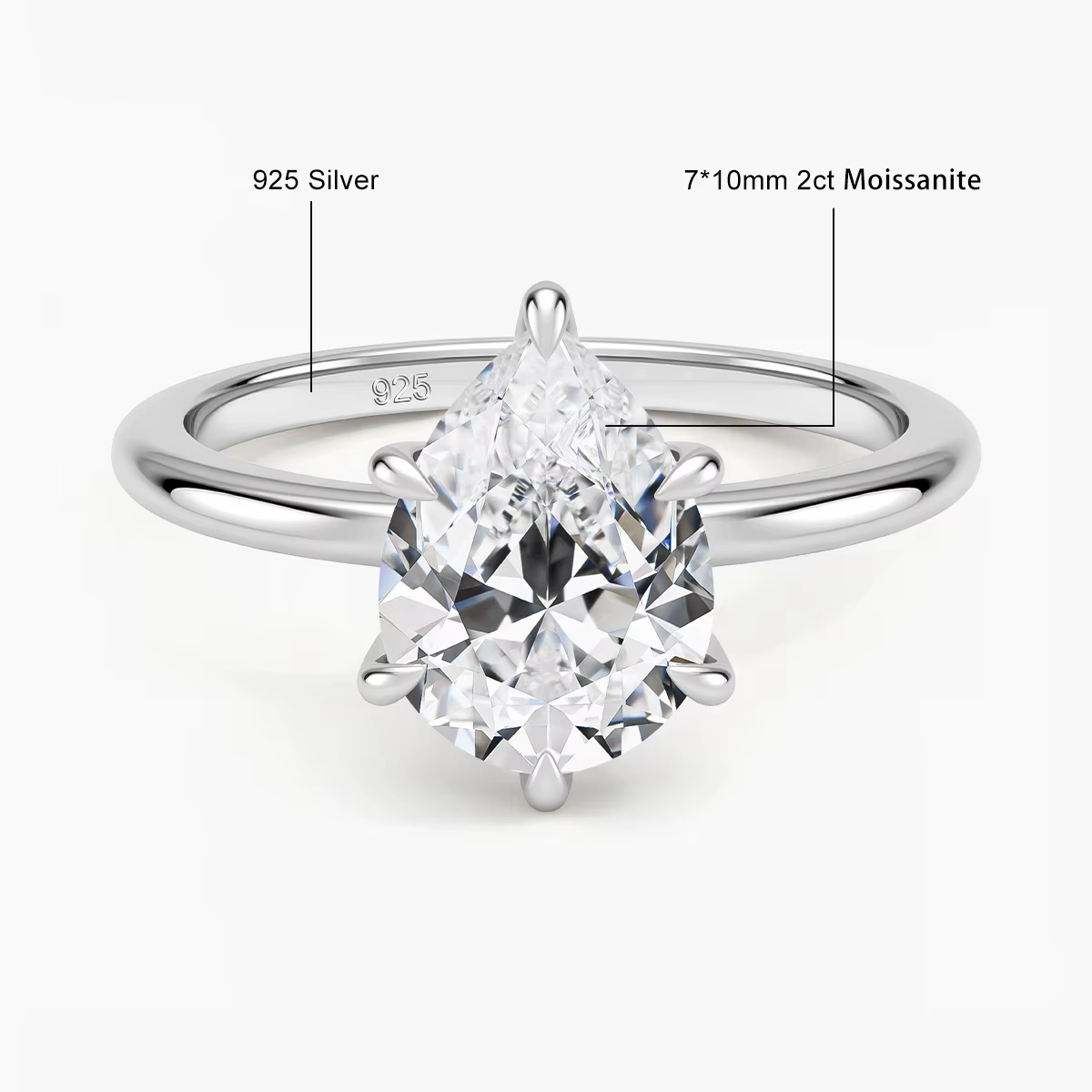 Bague Solitaire en Or Massif 14K Rempli de Moissanite Diamant 2CT Coupe Poire D VVS1 Au585 pour Femm