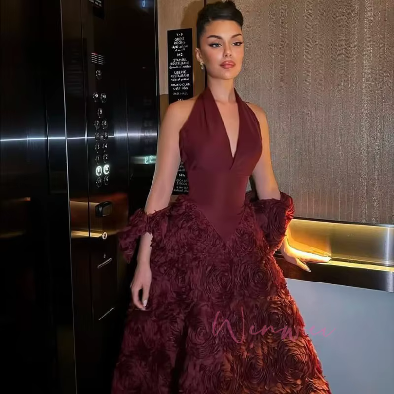 Robes de bal élégantes pour fête d'anniversaire, rouge foncé, col licou, robes de soirée formelles, 