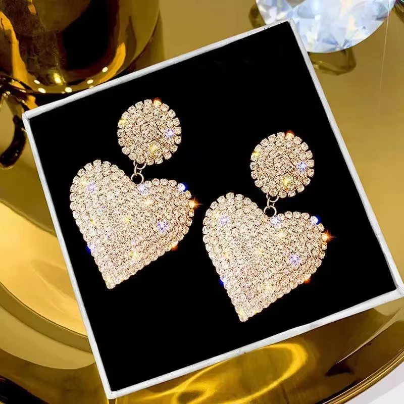 Boucles d'oreilles en forme de cœur pour femmes, luxueuses, géométriques, entièrement en strass, cou
