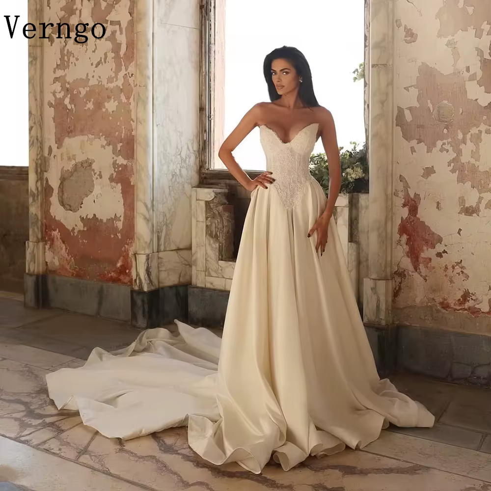 Verngo-Robe de Mariée en Satin de Couleur Ivoire, Ligne A, Dentelle, Sophia, pour Patients, Élégante
