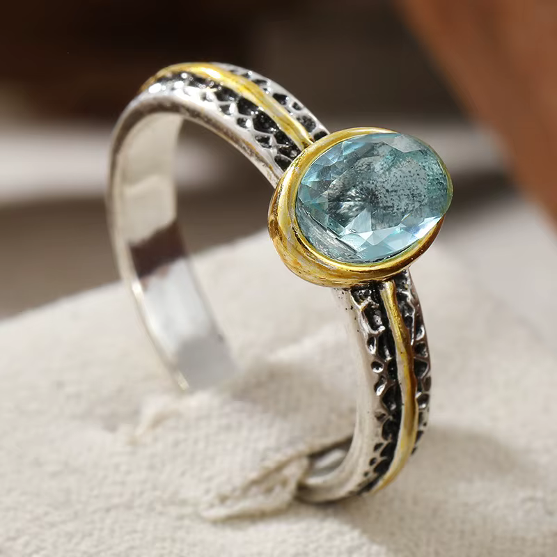 Bague pour femme en CZ bleu incrusté, style vintage, bicolore, géométrique, pour usage quotidien, bi
