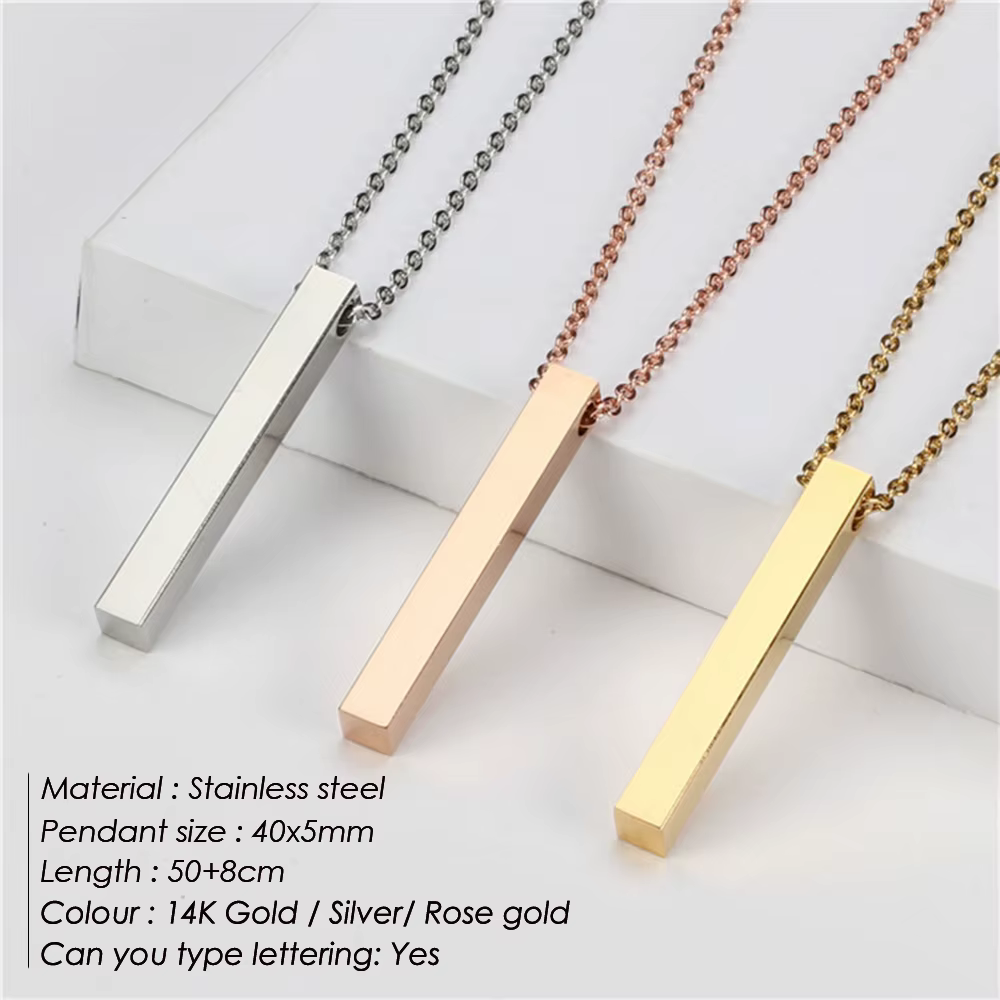 Collier personnalisé avec gravure sur quatre côtés EManco, barre carrée, nom personnalisé, pendentif
