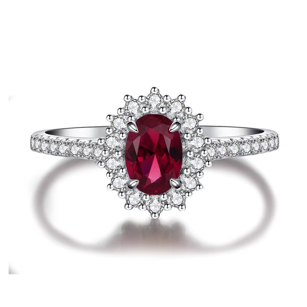 Bagues en or blanc massif 18 carats, 1CT, 5x7mm, forme ovale, rubis, diamant, bagues de fiançailles 