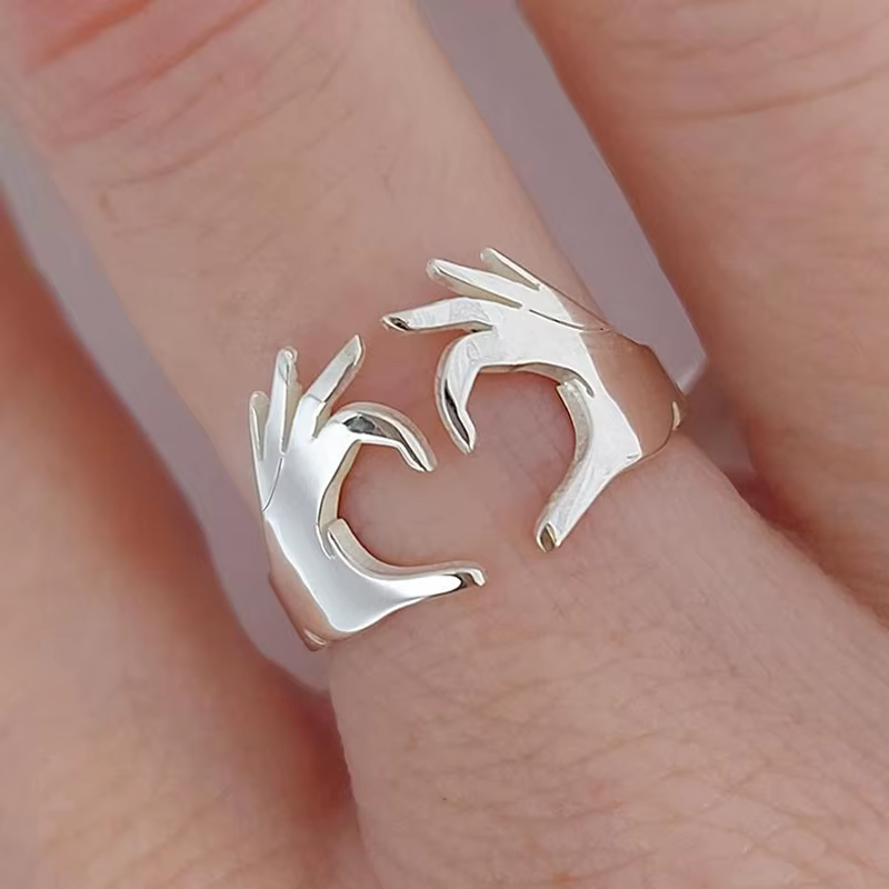 Huitan Double main coeur amour Couple anneaux à la mode réglable ouverture anneaux pour femmes/homme