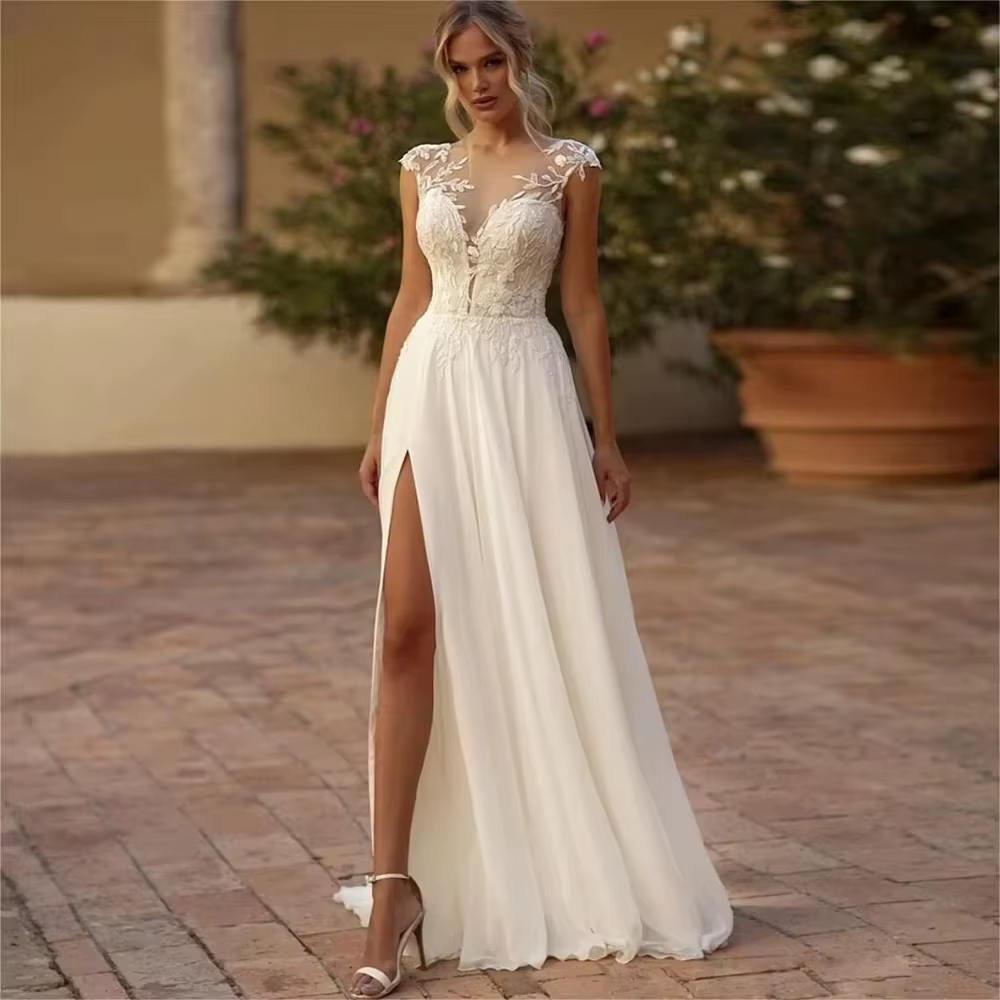 Robes de mariée personnalisées en mousseline avec appliques de dentelle perlées, manches courtes, co