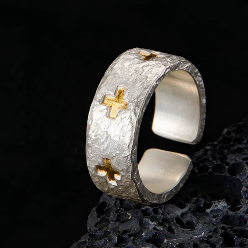 Bague croix en argent carillon pour homme, bague en or regardé S925, taille ouverte, cadeau pour pet