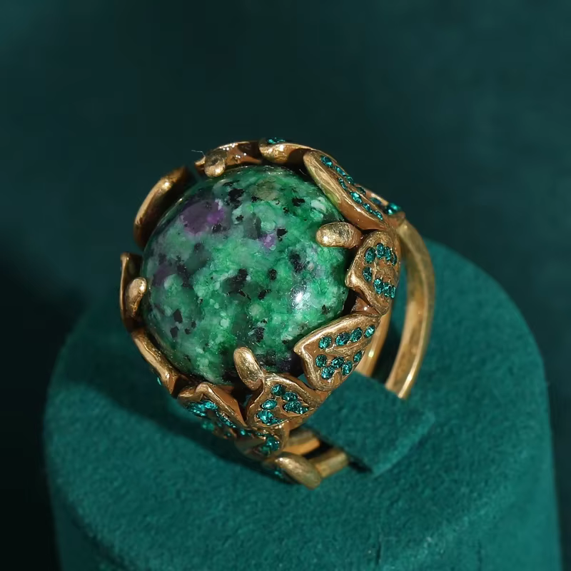 Accessoires Vintage bijoux bague verte pierre femme fiançailles strass couleur or laisser cadeau de 