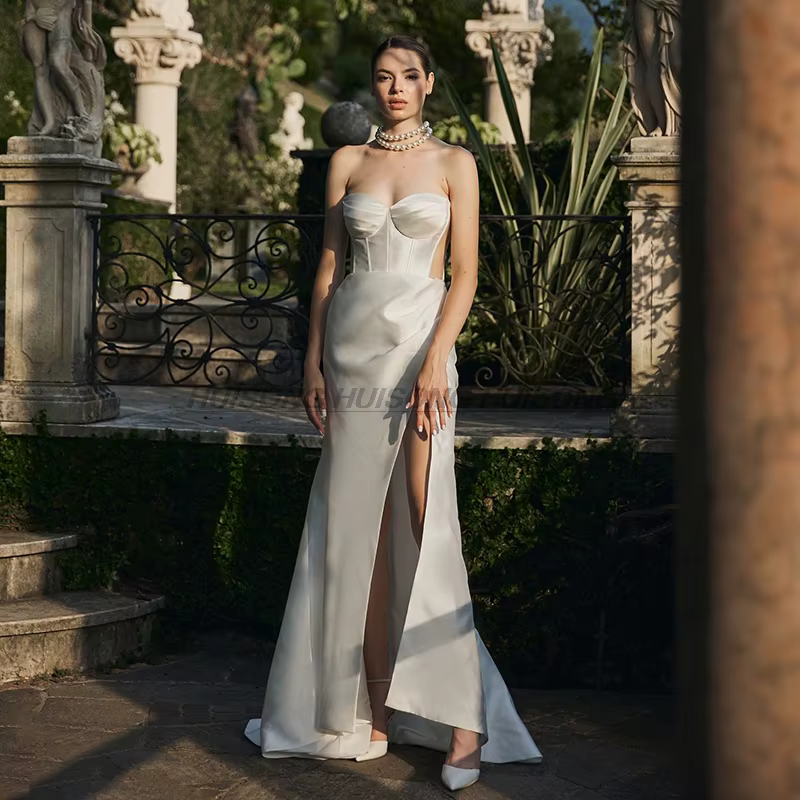 Robes de mariée sirène simples chérie fente latérale robe de mariée de soirée femmes Satin robes de 