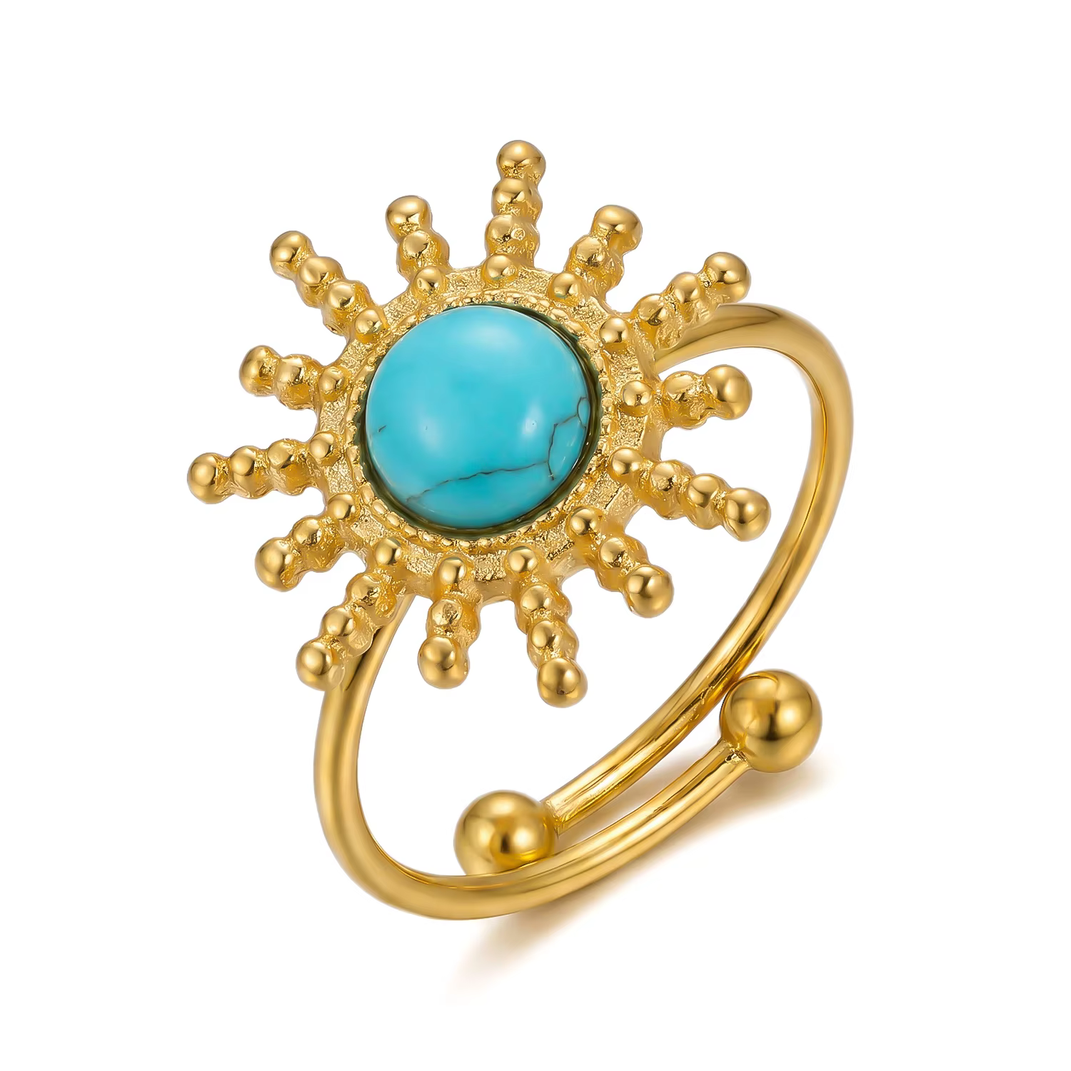 Bague ouverte vintage dorée soleil pour femme, délicate, style bohème, en acier inoxydable plaqué or
