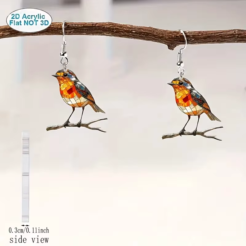 Boucles d'oreilles plates en acrylique 2D, créatives et mignonnes, Robin oiseau sur branche, Design 