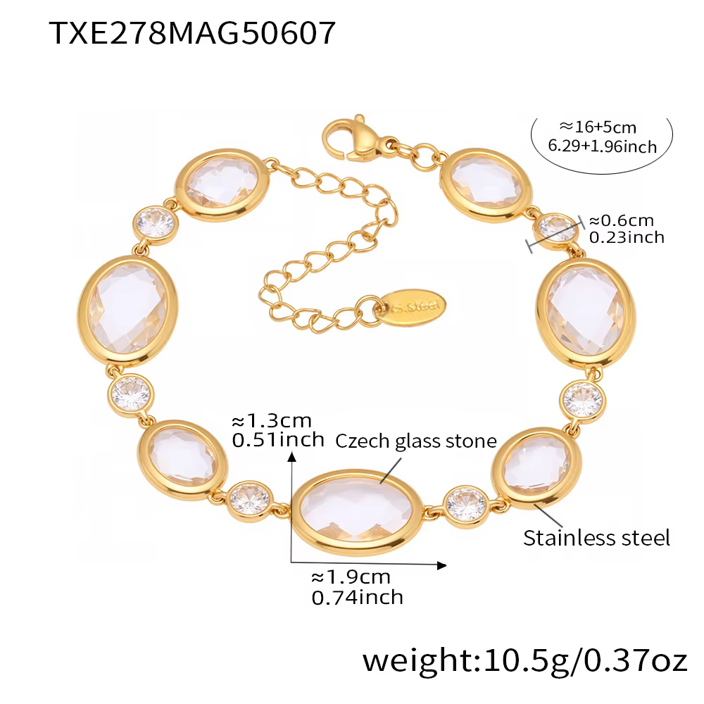 Bracelet ovale brillant en acier inoxydable pour femme, avec pierres en verre tchèque de luxe, bijou