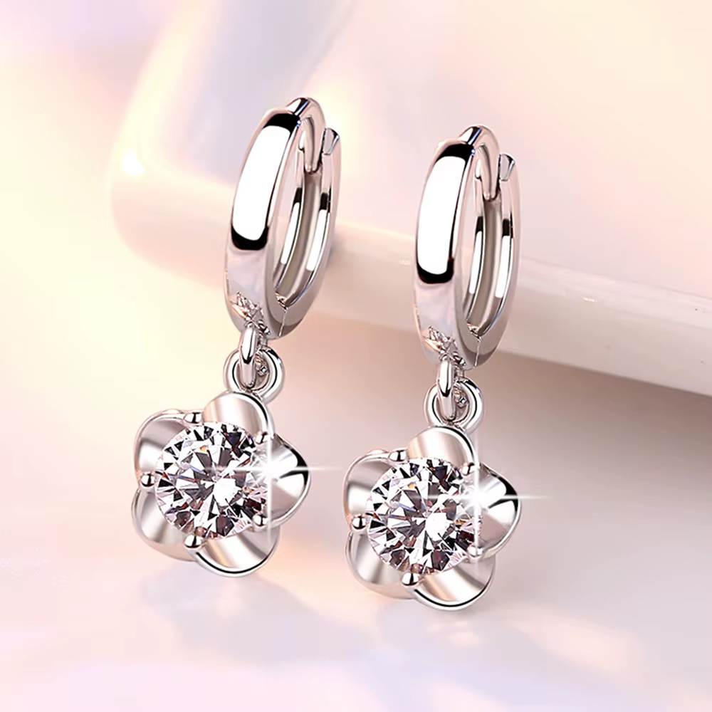 Boucles d'oreilles de luxe en argent sterling 925 avec zircone en forme de fleur de prunier violette