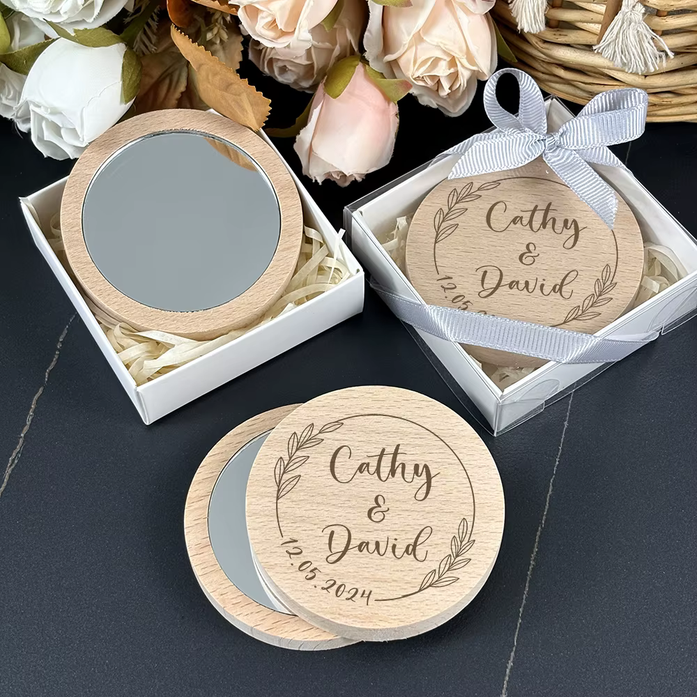 Cadeaux pour invités de mariage Miroir de poche en bois personnalisé avec boîte Faveurs de mariage S
