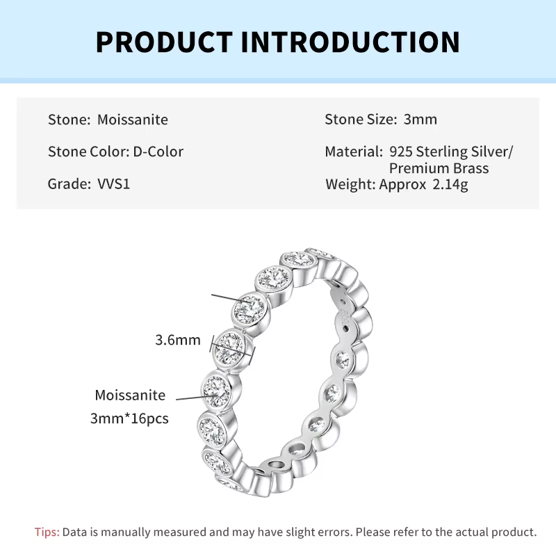 Bague d'éternité Rrjzz sertie de moissanite couleur D de 3 mm, bague de fiançailles en diamant de la