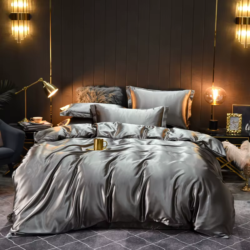 Parure de lit en Satin lisse de luxe, couleur unie, housse de couette, drap et taie d'oreiller, simp