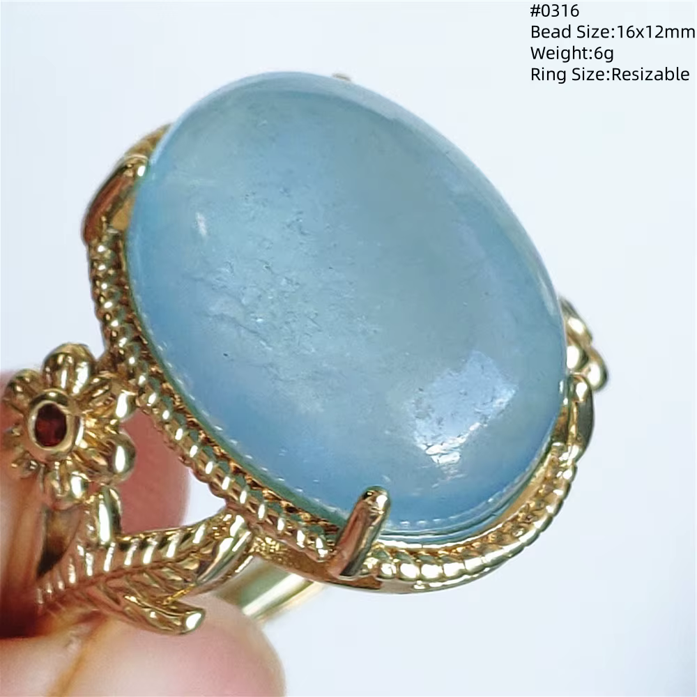 Bague en aigue-marine bleue naturelle pour hommes, anneau ajustable en cristal, perles ovales brésil