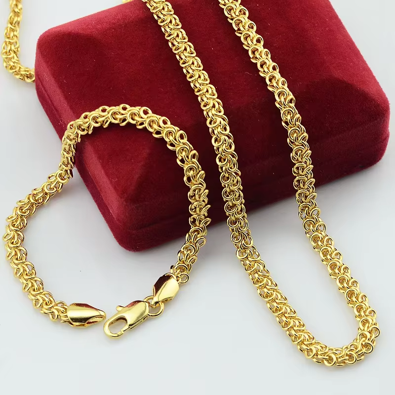 Mode longue hommes femmes unisexe ensemble de bijoux couleur or jaune chaîne collier Bracelets ensem