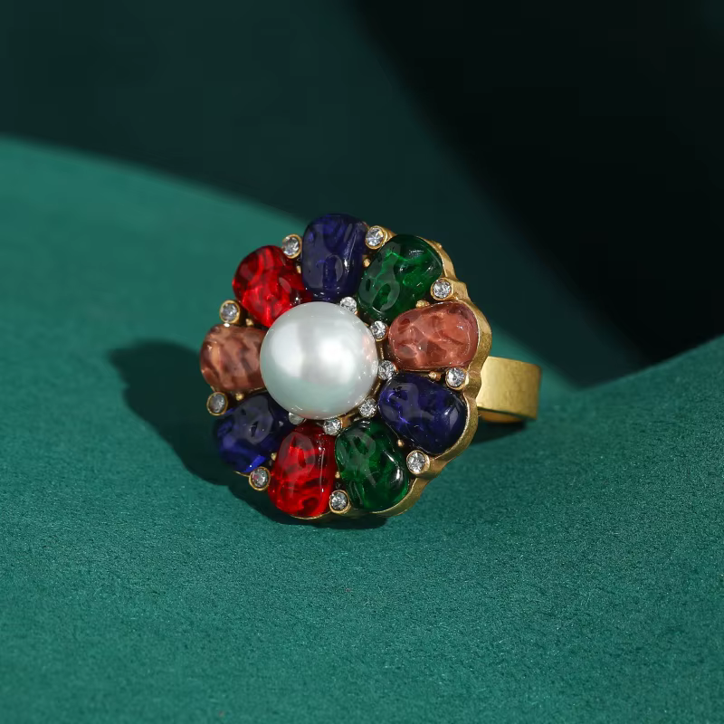 Bagues Vintage Grandes Perles pour Femme, Bijoux Colorés de Haute Qualité en Forme de Fleur, Plaqué 