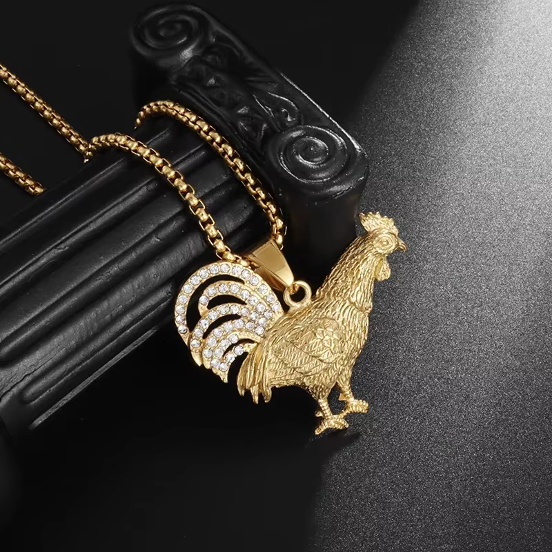Hip-Hop Cool zodiaque Animal grand coq pendentif collier incrusté de cristal Zircon hommes et femmes