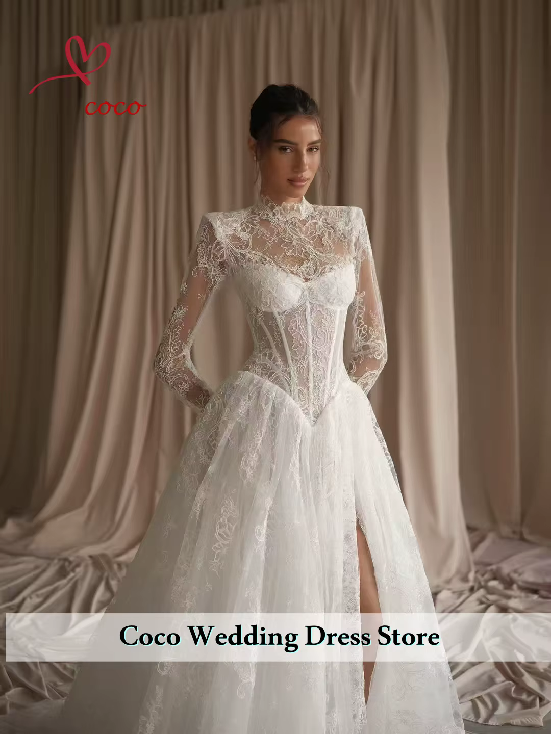 Robe de mariée de luxe personnalisée en dentelle florale, avec fente latérale supérieure amovible, t