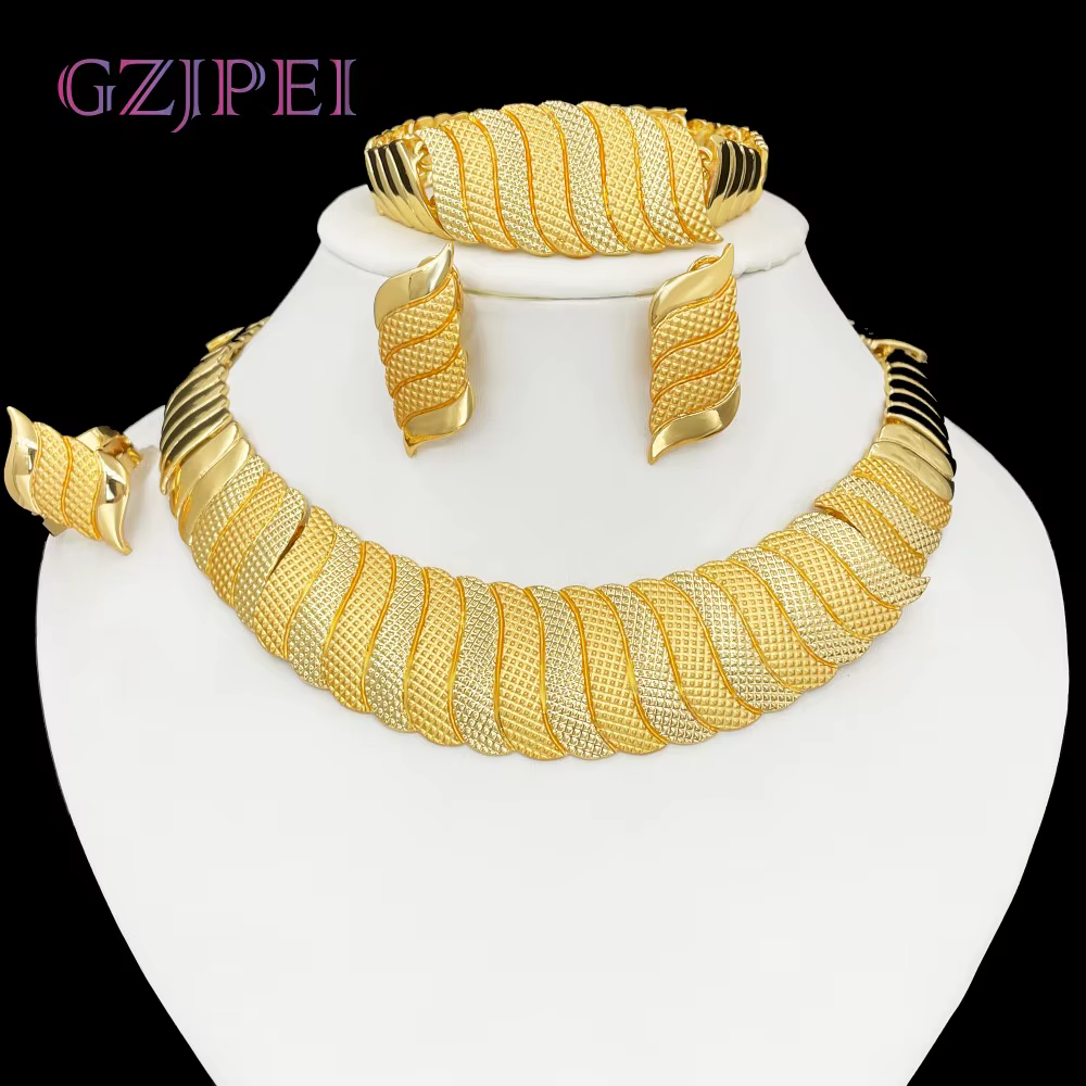 GZJPEI – ensemble de bijoux trois tons pour femmes, collier africain de dubaï, large Bracelet, boucl
