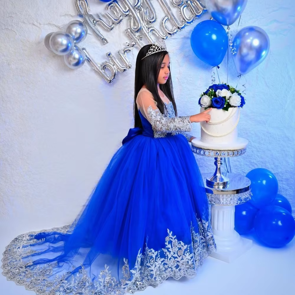 Robe de demoiselle d'honneur princesse bleue royale personnalisée, appliques en dentelle de mariage,