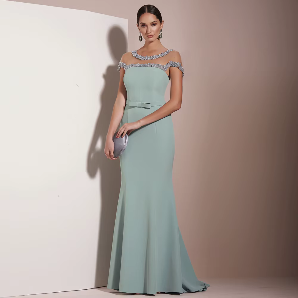 Robes d'invité de mariage vert clair pour femmes, sirène à perles, mère de la mariée, mancherons lon