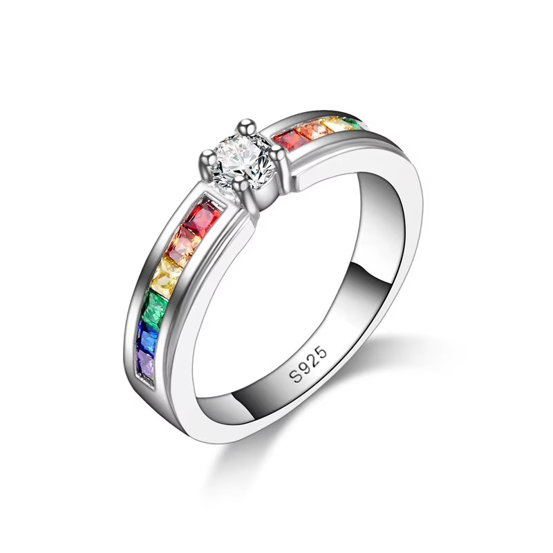 Bagues de fiançailles arc-en-ciel pour amoureux, belles matiques en argent 925, bijoux élégants, bis