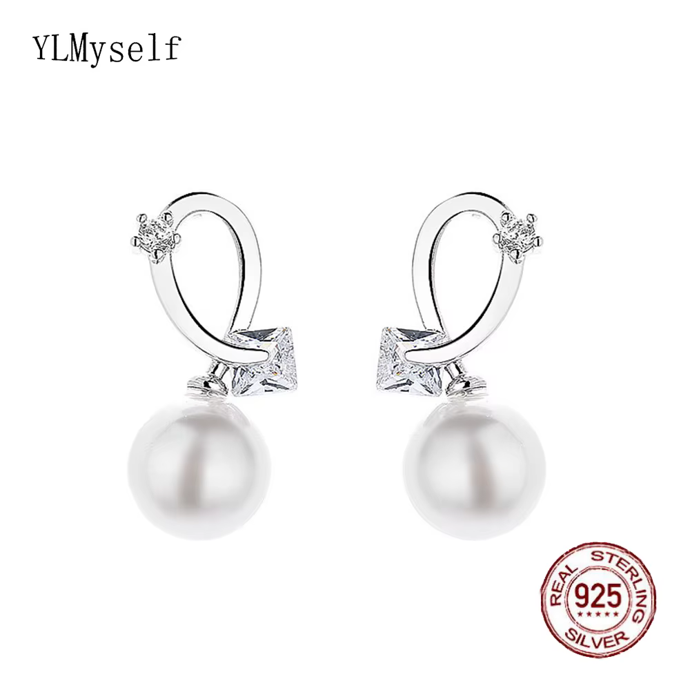 YLMyself 925 boucles d'oreilles en argent perle pour femmes zircon cubique 9mm coquille perle goujon