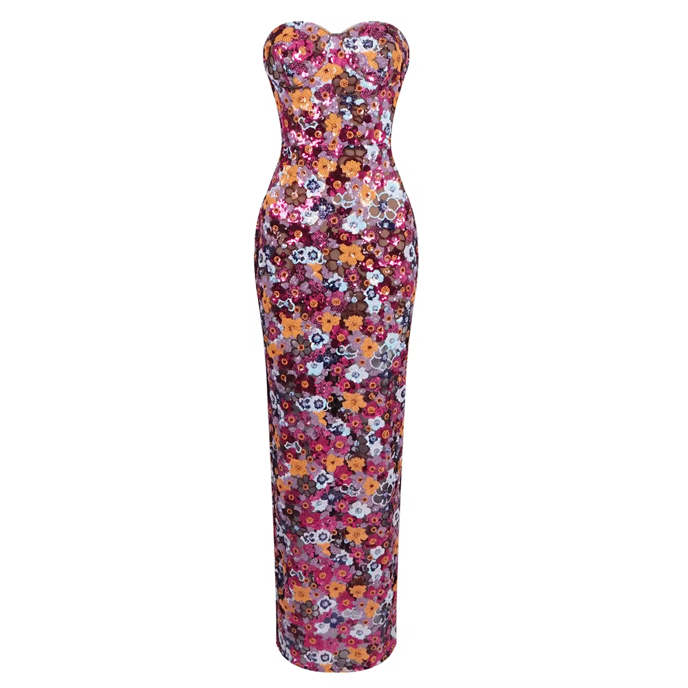 Robes de mariée sans bretelles à paillettes florales – Robe de soirée dos nu perlée colorée avec fen