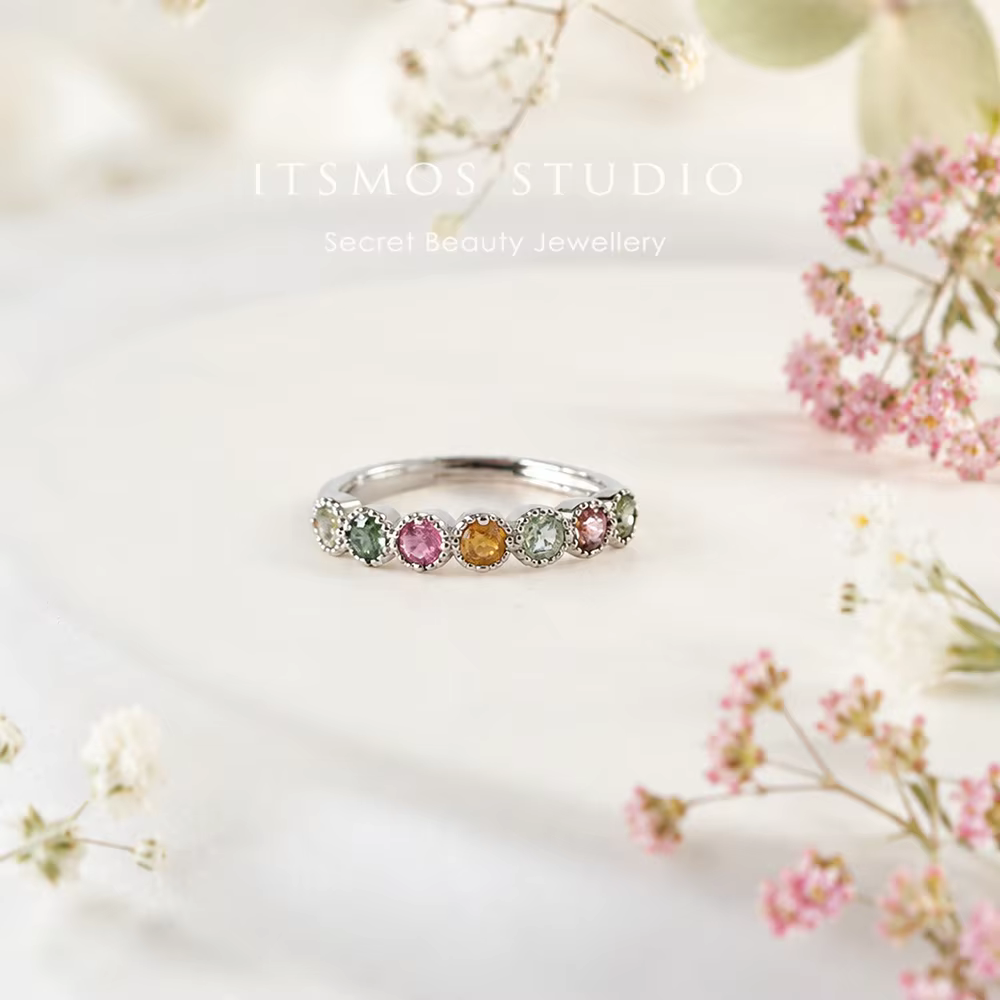 ITSMOS Bague Vintage Multicolore en Tourmaline avec Halo Éternité, Parfaite pour les Vacances d'Été,