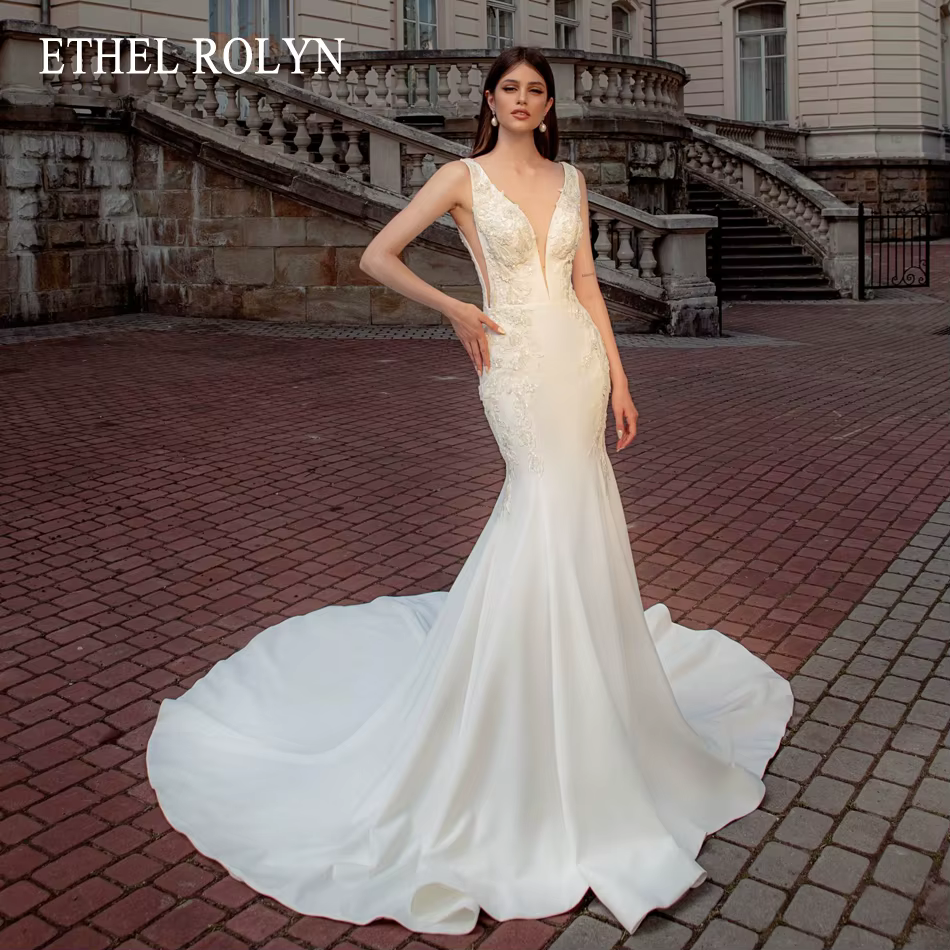 ETHEL ROLYN robe De mariée sirène pour les femmes Sexy décolleté en v profond broderie fleurs découp