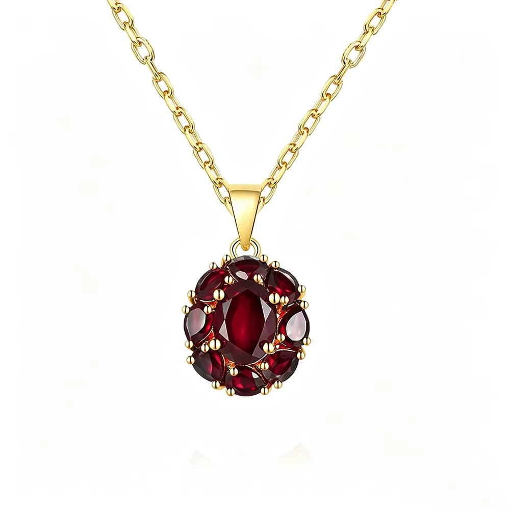 Collier avec pendentif en argent sterling 925, design floral, grenat naturel, pierre de naissance de
