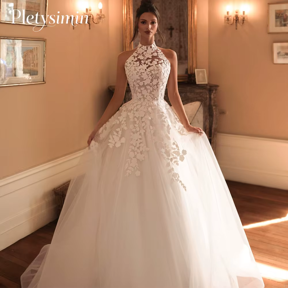 Robe de mariée romantique sans manches, col licou, en dentelle et Tulle, style Boho, ligne a, pour f
