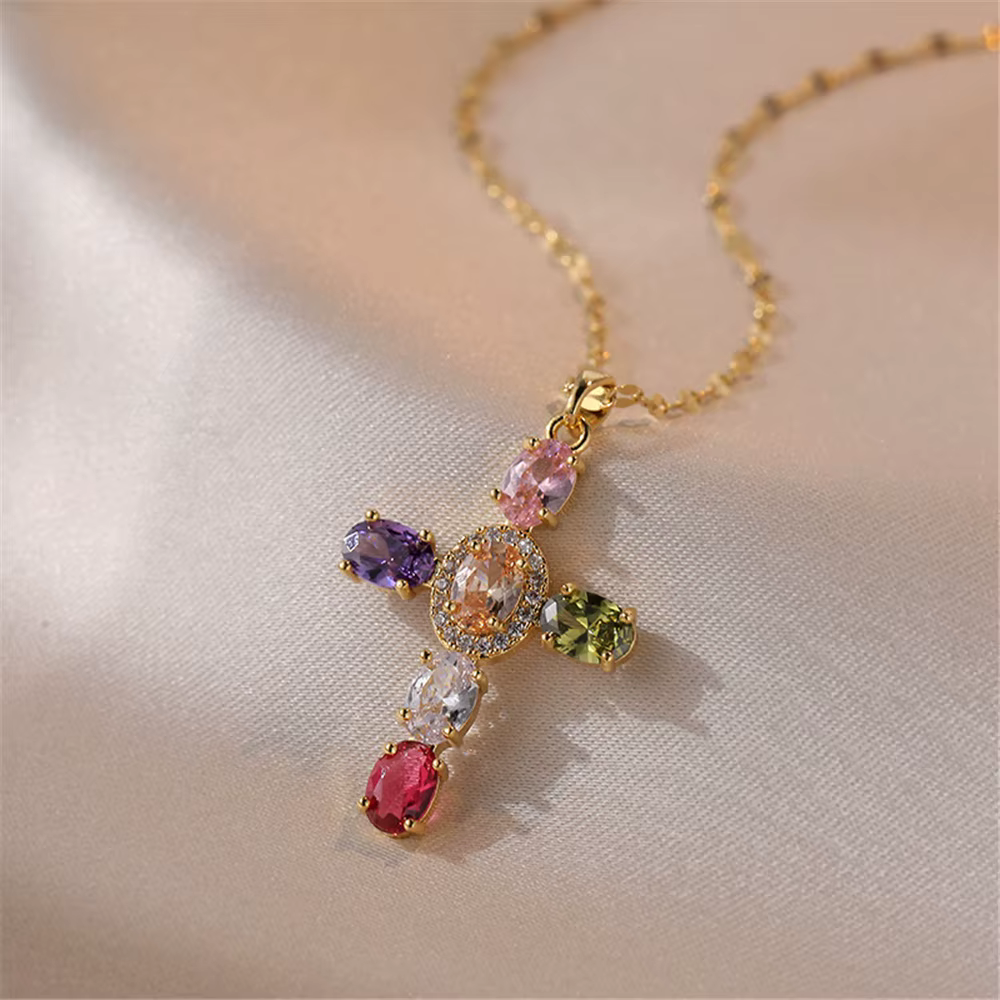 Collier pendentif croix en pierre pour femme, arc-en-ciel blanc, bijoux de mariage vintage, document