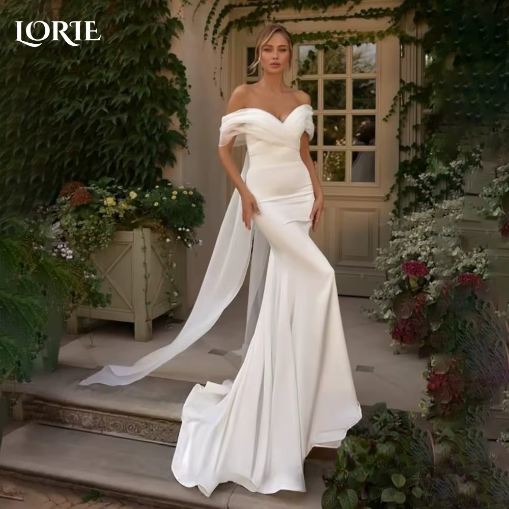 LORIE dentelle plage robes de mariée épaules dénudées a-ligne Satin robe de mariée plis princesse ro