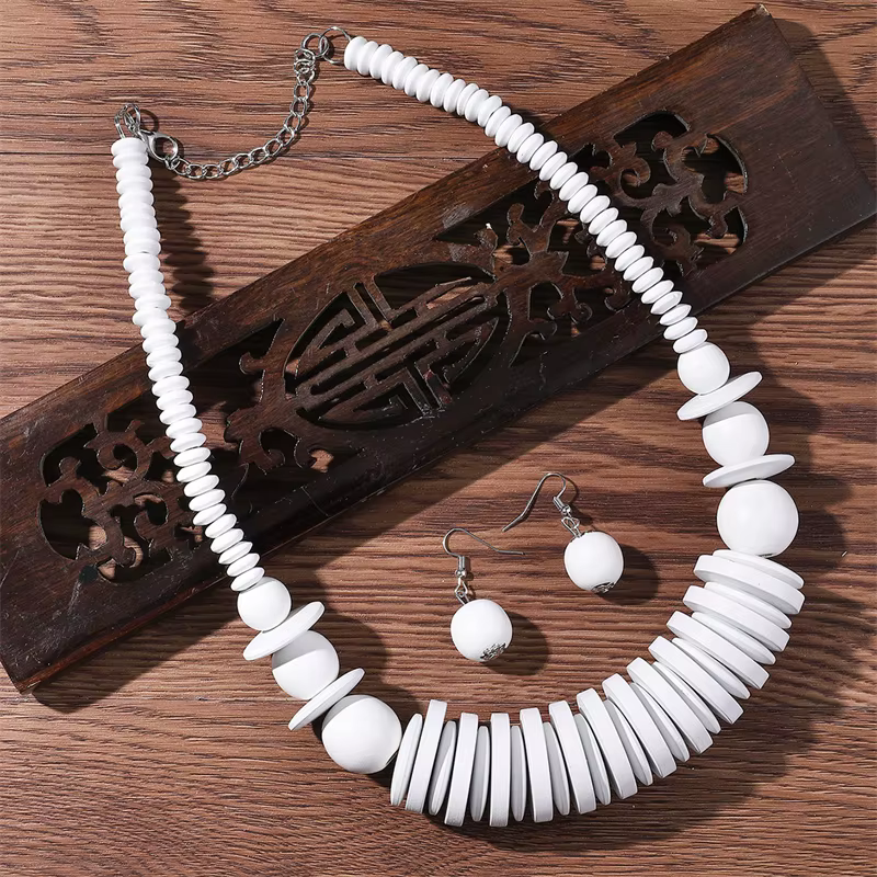 Ensemble de bijoux africains vintage pour femmes, collier de perles en bois, tour de cou perlé bohèm
