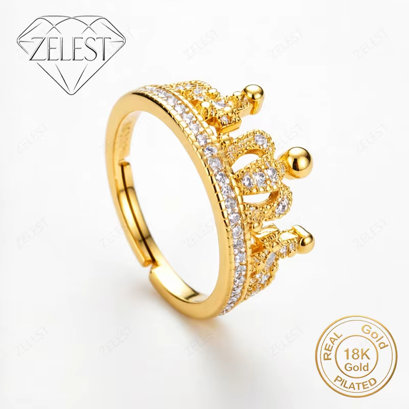 Bague Couronne de Luxe en Argent Sterling 925 Plaqué Or 18K avec Zircon - Accessoire de Mode Féminin