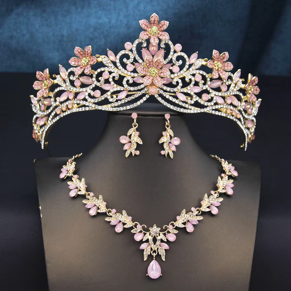 Parures de bijoux de luxe pour mariée, couronne de fleurs, diadèmes et boucles d'oreilles pour femme