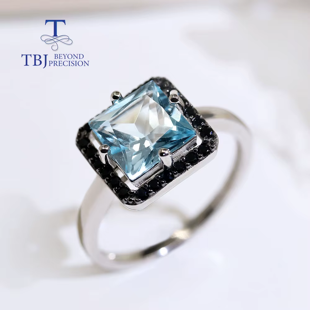Bague en topaze bleu ciel naturel 2026, carrée 8 mm, en argent sterling 925, avec pierre précieuse v