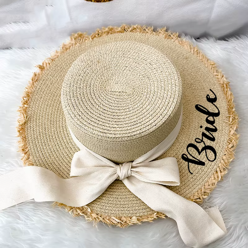 Chapeau de soleil disquette en paille pour mariée, piscine de plage, mariage rustique, enterrement d
