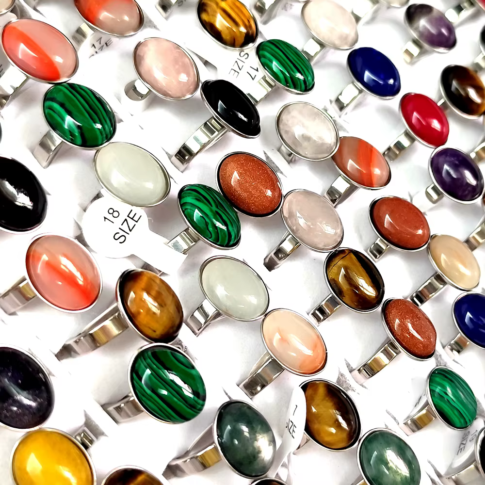 Lot de 20 bagues en pierre fantastiques pour femmes, perles ovales, vente en gros, bague vintage, ca