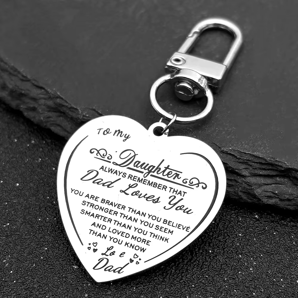 Porte-clés pendentif père fille amour pour femmes et hommes, en acier inoxydable, couleur argent, cœ