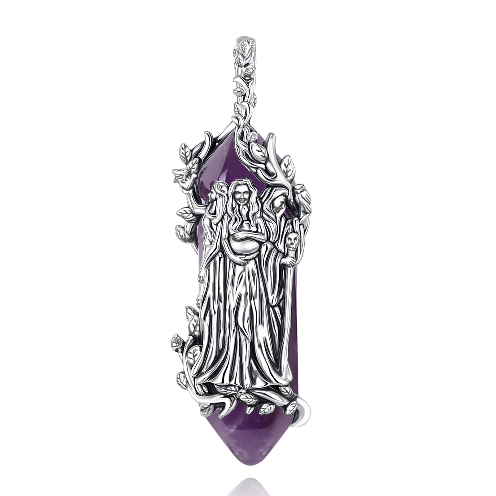 AEONSLOVE Collier vintage triple lune déesse, pendentif Hécate en améthyste naturelle, amulette, bij