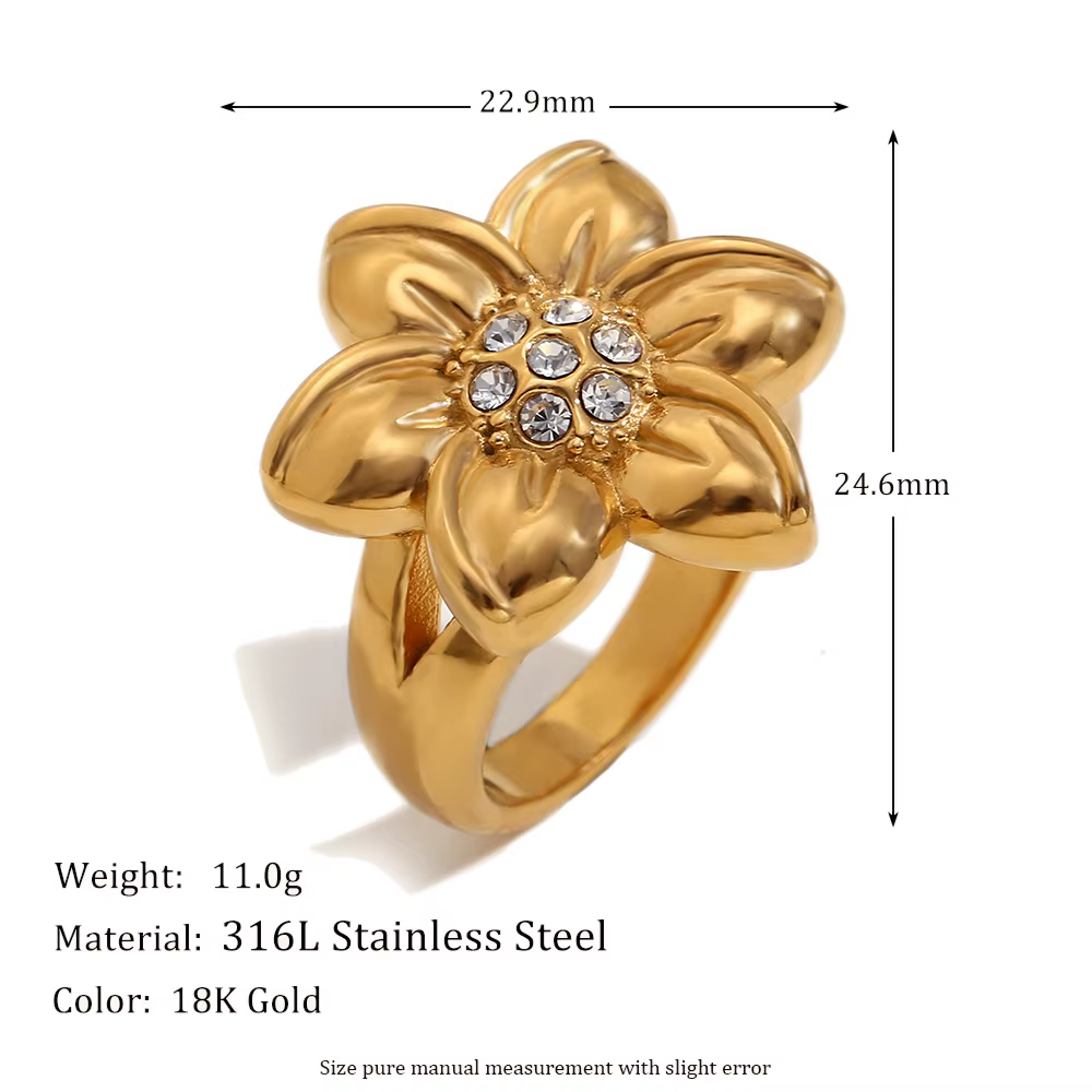 E.B.belle – bague en forme de fleur en strass, élégante, plaquée or 18 carats, en acier inoxydable, 