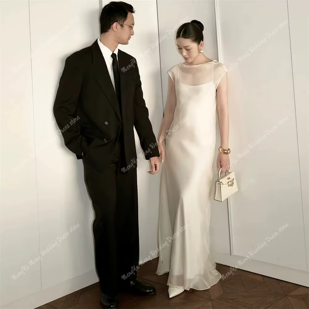 Robes de mariée sirène élégantes dos ouvert col rond Organza sans manches longueur au sol robes de m