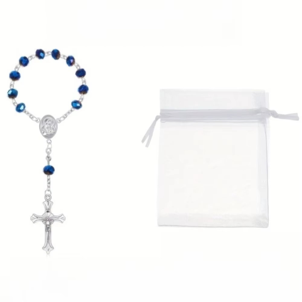 2/5/10 Ensembles de mini-rosaires catholiques bleus avec cartes et sacs en organza, cadeaux de maria