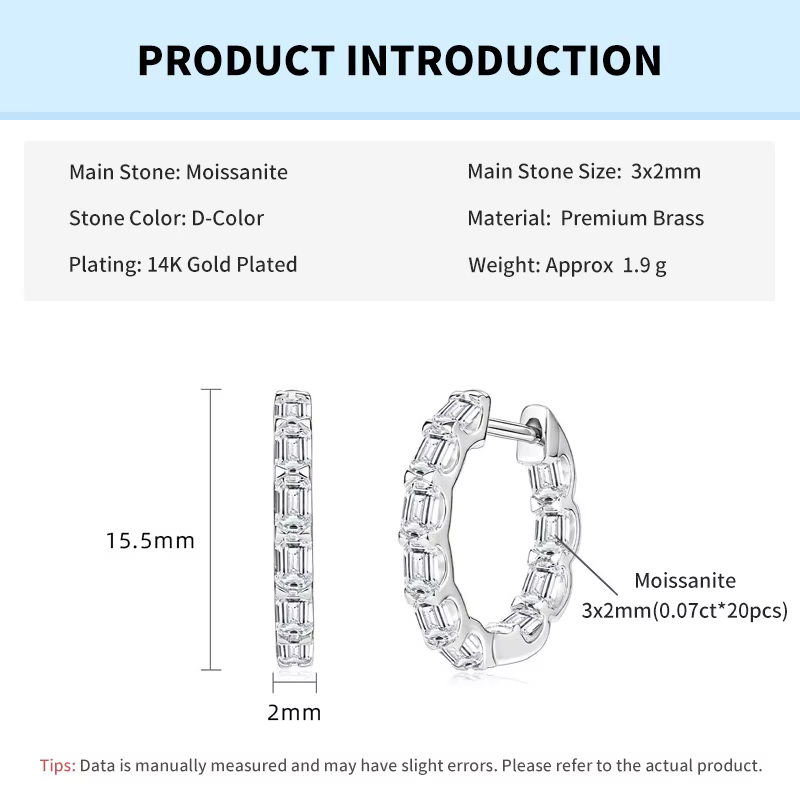 Rrjzz Boucles d'oreilles créoles de fiançailles pour femme, en moissanite pleine taille émeraude 3x2
