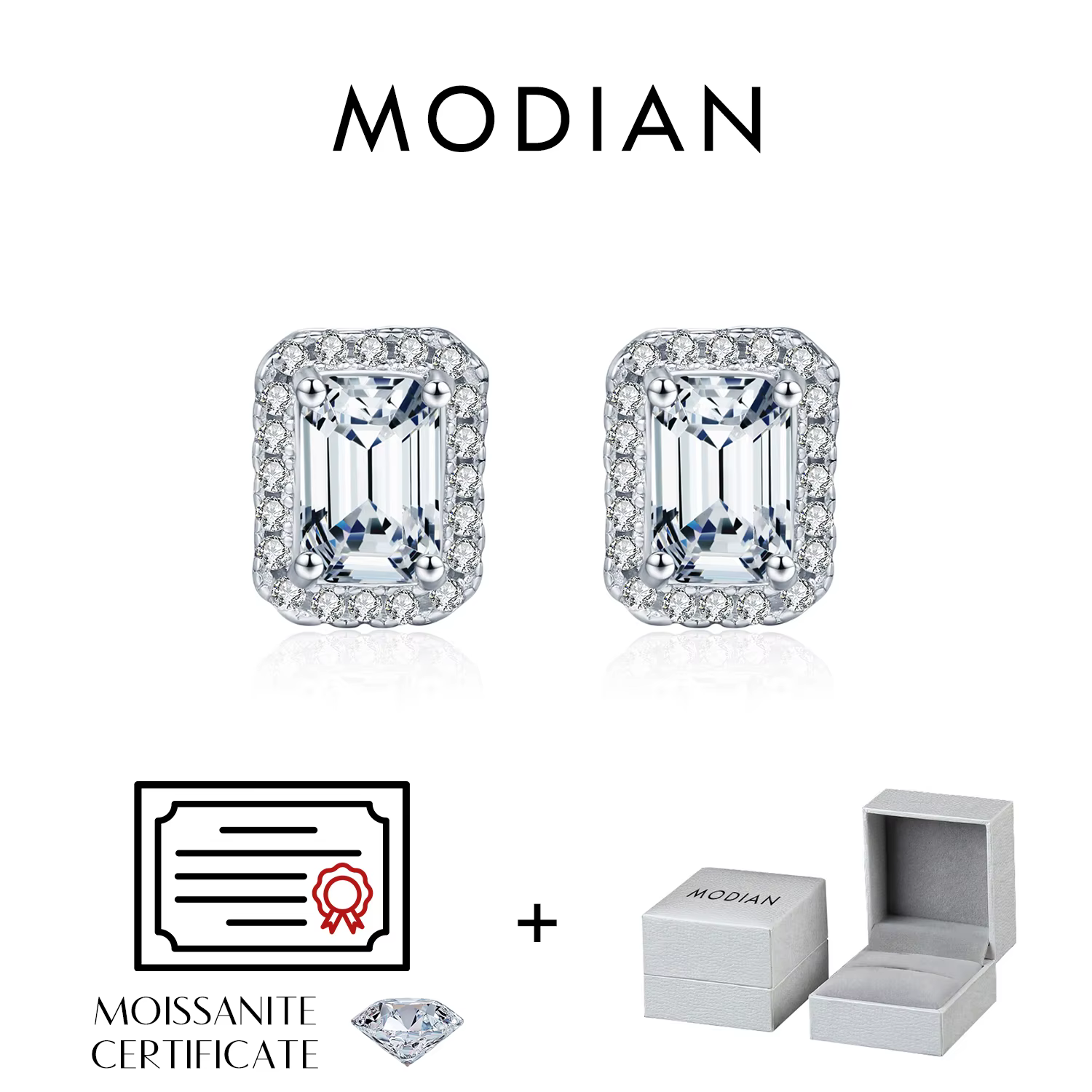 MODIAN Boucles d'oreilles en moissanite taille émeraude en argent sterling 925, boucles d'oreilles h